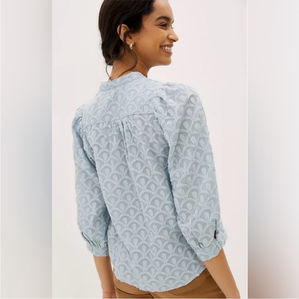 Anthropologie Pilcro Bella Femme Light Blue Button Down Top, 3/4 Puff Sleeve SM - Picture 2 of 12